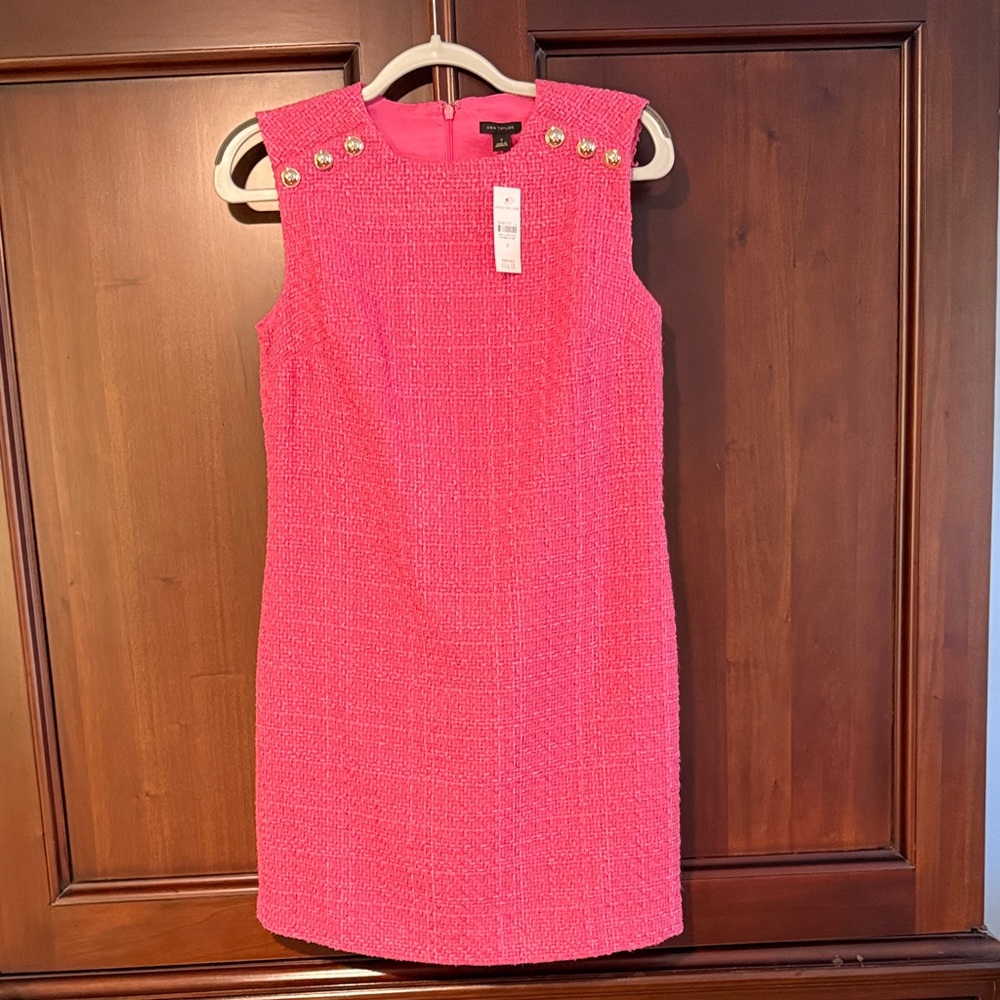 Ann Taylor Pink Tweed Dress with Gold Accent Buttons. Lined with zip back